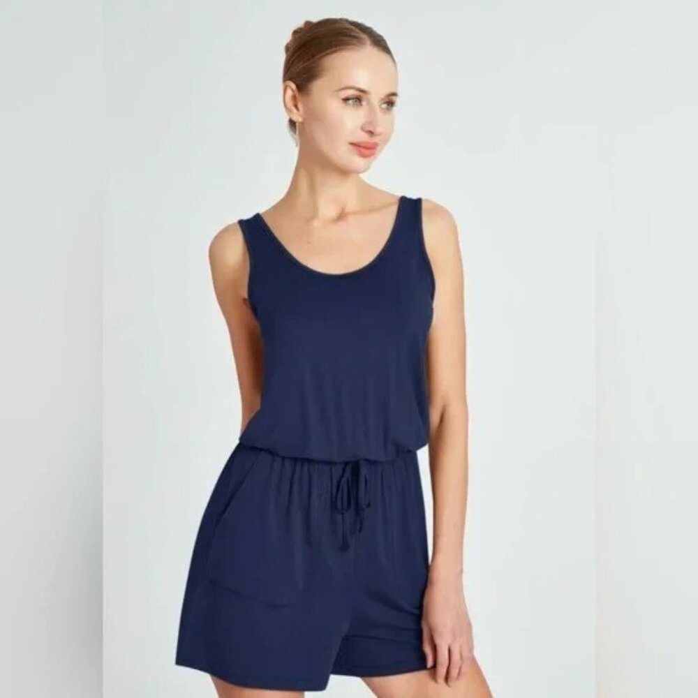 Reoria Navy Drawstring Waist Sleeveless Romper With Pockets Womens Size M